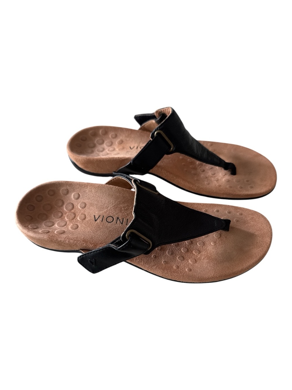 Vionic Wanda Black Leather Orthotic Thong Sandals Size 8